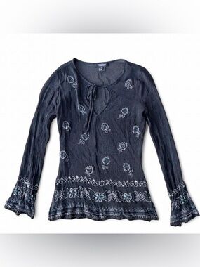 Karen Kane 100% Silk Black Long-Sleeve Embroidered Tie-Neck Top